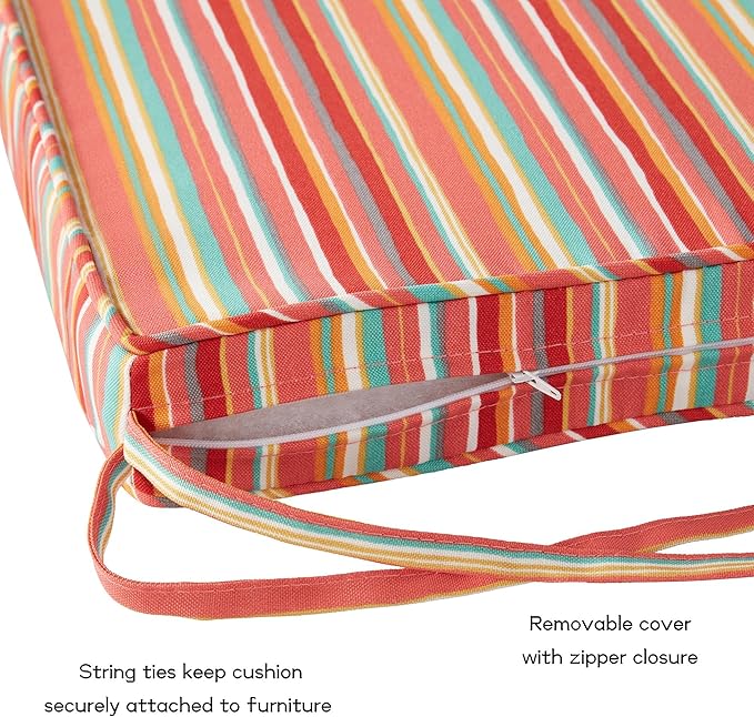 Outdoor 18 inch Square Patio Dining Chair Pads – Comfortable Fiber-Filled Seat Cushions with Ties, Reversible Polyester Fabric - Watermelon Stripe, Set of 4