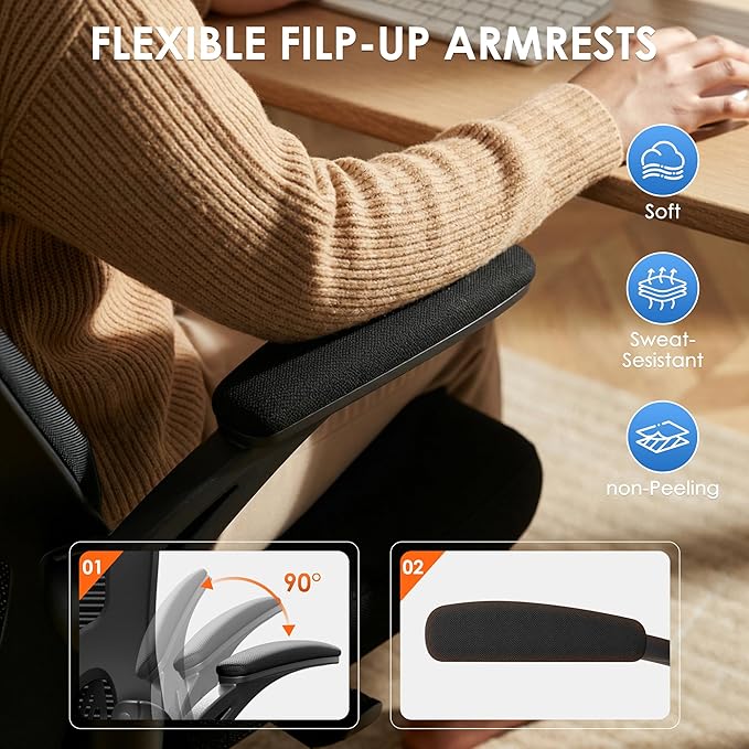 Ergonomic Office Chair, 300lbs High Back Breathable Mesh Desk Chair with Lumbar Support, Comfy Gaming Chair with Headrest and Flip-Up Arms, 360° Swivel Computer Task Chair for Home Office, Black