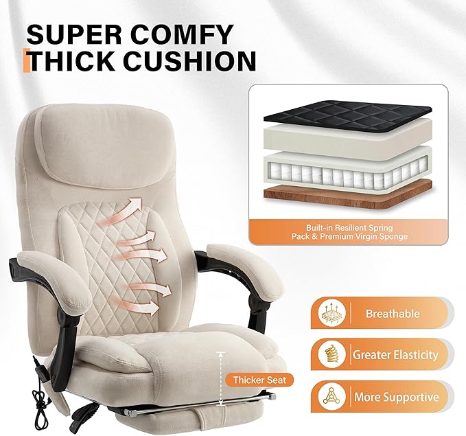 500LBS Massage Office Chair, 6 Points Vibration & Heat Executive Office Chairs, 135°Reclining Comfy Desk Chair with Foot Rest, Wider & Thicker Seat Cushion, Fabric Big and Tall Gaming Chair, Beige