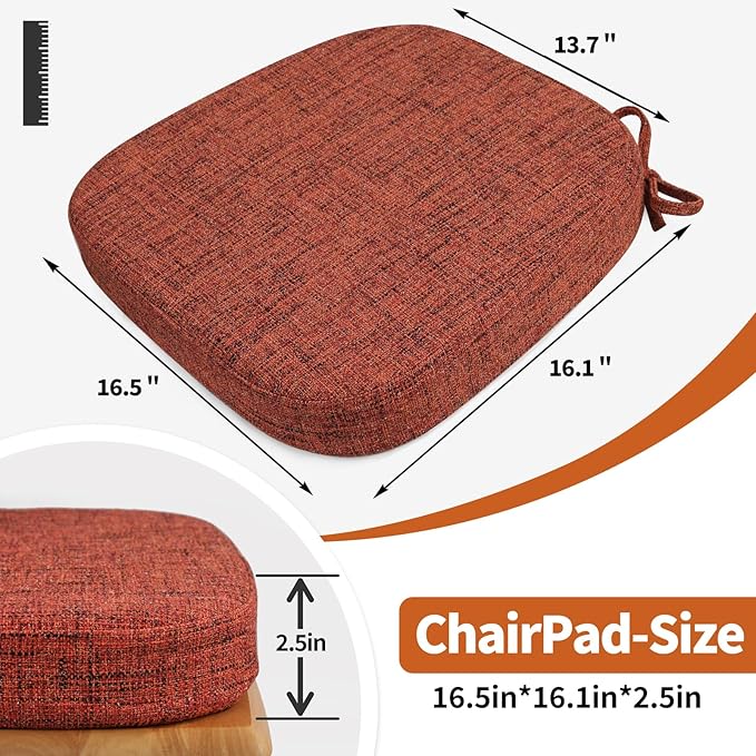 SINOSSO Thickened 2.5" Dining Chair Cushions, Soft Blended High Density Support Foam Kitchen Seat Cushions with Ties, U-Shaped Non-Slip Indoor Chair Pads, 16.5" x 16", 2 PCS, Red