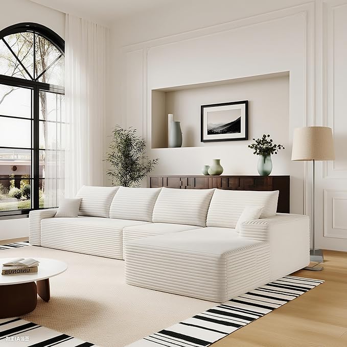 135" Corduroy Couch Sectional with Chaise, L Shape Boneless Cloud Couches for Living Room Bedroom, Fluffy Deep Seat Compression Sofa, Modular Corner Couch No Assembly, Right Facing Chaise, White