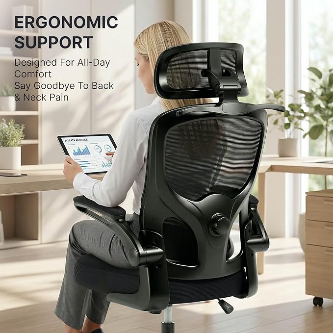 Ergonomic Office Chair, 330lbs Mesh Desk Chair with Adjustable Lumbar Support, 3D Headrest and Flip-Up Arms, Comfortable High Back Computer Chair for Home Office