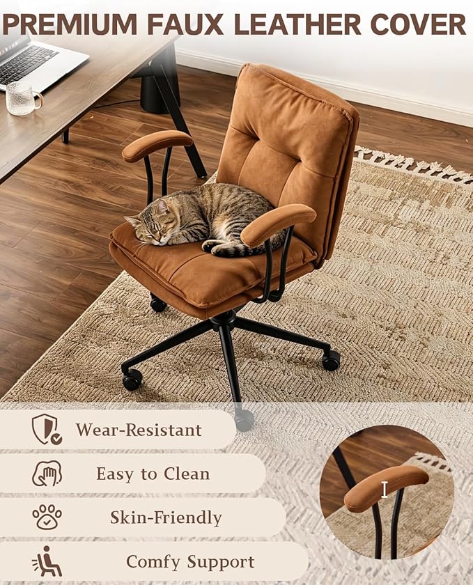 Karl home Faux Leather Office Chair with Removable Armrests, Adjustable Height & 360° Swivel, Tufted Thick Cushion Computer Desk Chair with Lumbar Support for Living Room, Vanity, Brown