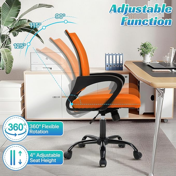 Ergonomic Office Chair Mesh Mid Back with Lumbar Support Armrest, Adjustable Home Desk Chair Comfy Computer Task Drafting Rolling Swivel Chairs for Gaming, Home Work, Study, Orange