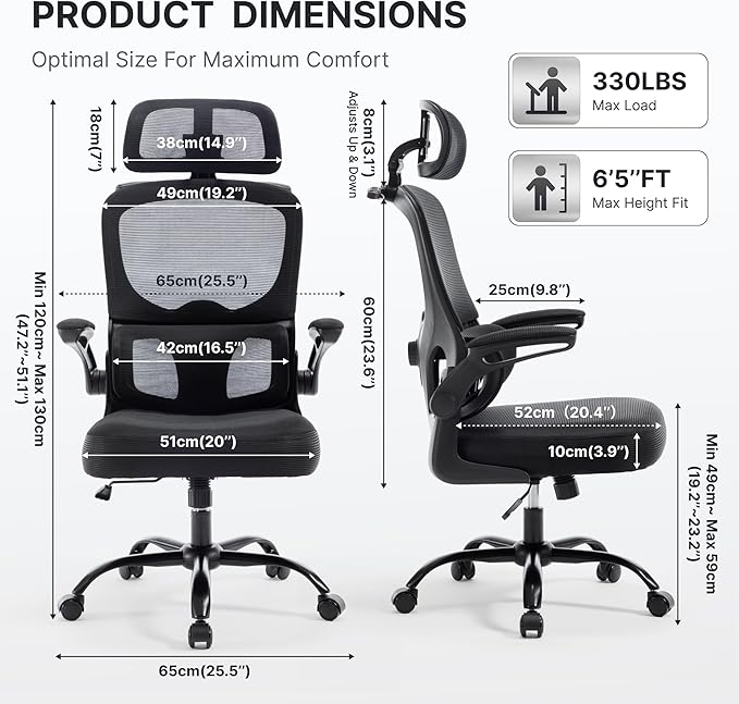 3PCS Ergonomic Office Chair Mesh Back Chairs - High Back Computer Chair with 3D Adjustable Headrest & Flip-up Arms, Comfort Desk Chair Lumbar Support for Home & Gaming