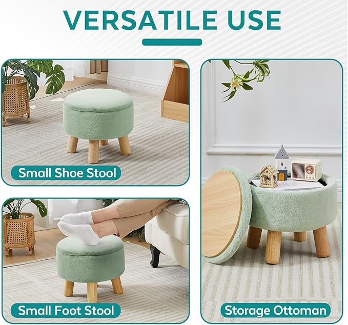 Small Foot Stool Ottoman with Storage, Soft Faux Fur Ottoman Foot Rest for Couch, Round Footstool with Storage, Small Ottomans and Footstools for Living Room and Entryway (Light Green)