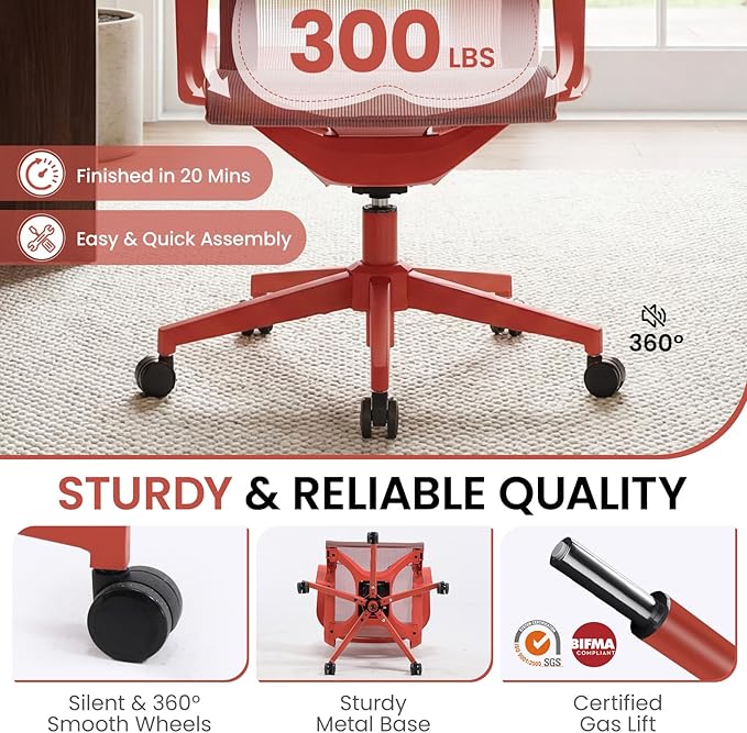 LuxErgo Ergonomic Mesh Office Chair, Mid Back Desk Chair with Lumbar Support & Armrests, Height Adjustable, 115° Recline, 360° Swivel Rolling Task Chairs for Home Office, Red