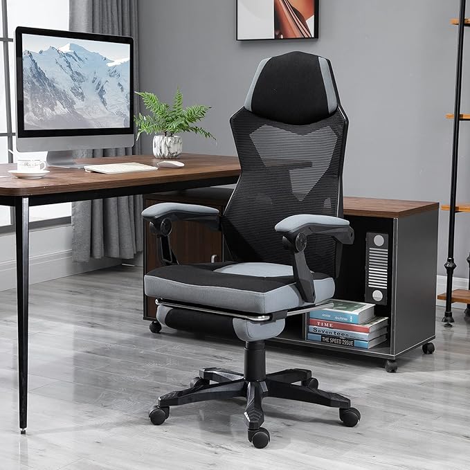 Vinsetto Ergonomic Home Office Chair High Back Armchair Computer Desk Recliner with Footrest, Mesh Back, Lumbar Support and Wheels, Grey