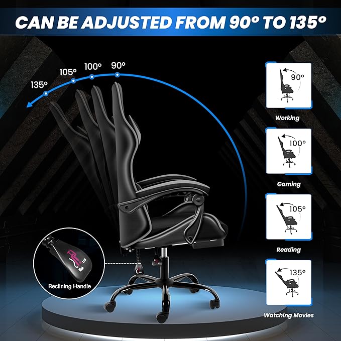 Gaming Chair, Ergonomic Computer Chair with Footrest and Lumbar Support, Height Adjustable Office Chair with 360° Swivel Seat and Headrest
