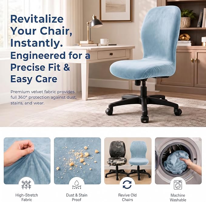 Deisy Dee Velvet Stretch Armless Office Chair Covers - Colorful Stretch Slipcover for Desk Chairs (Baby Blue)