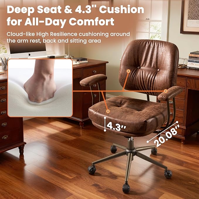 Brown Leather Home Office Chair, Mid Back Ergonomic Desk Chair with Lumbar Support, Mid Century Modern Deep Seat Swivel Rocking Computer Chair, Dark Brown Suede