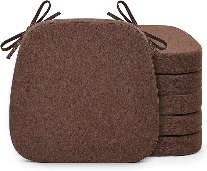 Shinnwa Dining Chair Cushions Set of 6, Non-Slip Kitchen Chair Cushions with Detachable Straps and Machine Washable Cover, 6 Pack, 17x16x2in, Brown