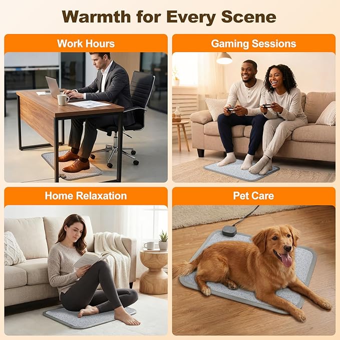 Heated Floor Mat for Foot Warmer - 110V Adjustable Temperature Under Desk Electric Heater with Timer for Office Bathroom Home, Heating Pad for Cold Feet