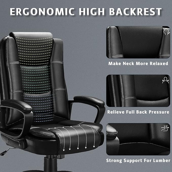 LEMBERI Office Desk Chair, Managerial Executive Chair, High Back Computer Chair, Ergonomic Height Adjustable PU Leather Chairs with Padded Armrest for Long Time Sitting (Black)