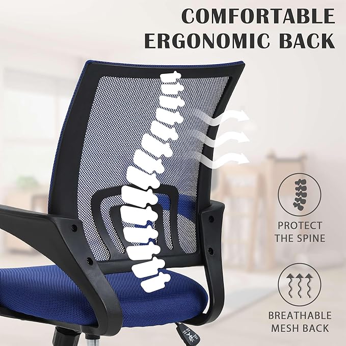 Adjustable Computer Chair With Lumbar Support, Breathable Mesh Backrest for Home Office, Student, Adults, Study, Dorm - Small Desk Chair, Blue