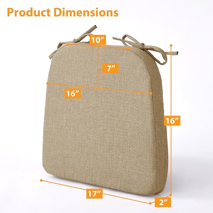 Ruqmuis Chair Cushions for Dining Chairs, 2" Thick Seat Cushions for Kitchen Chairs, D-Shaped Chair Pads with Washable Cover, Ties and Non Slip Backing, 17'' x 16'', Set of 6, Khaki