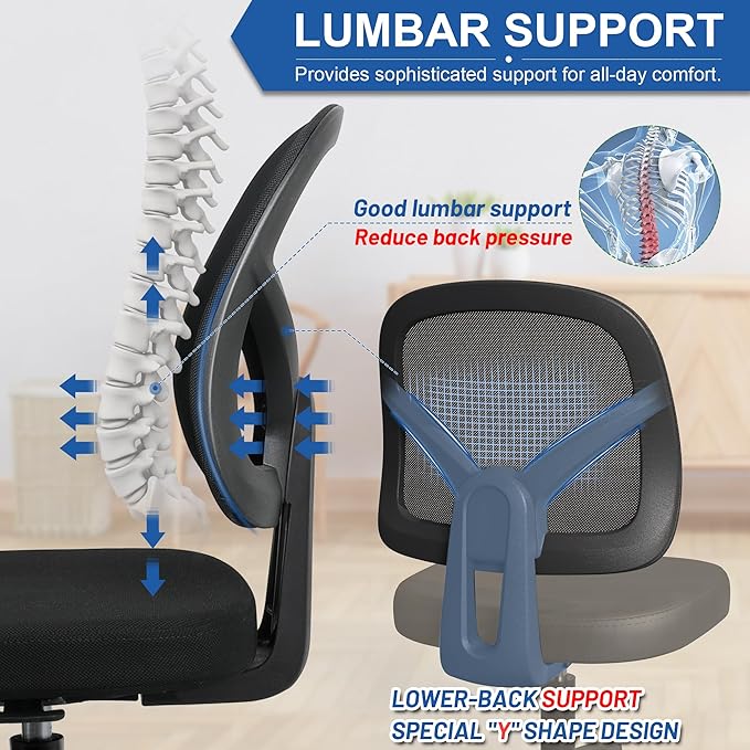 Armless Swivel Mesh Computer Office Desk Chair No Arms Height Adjustable with Lumber Support for Child and Adult