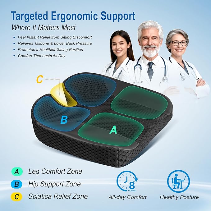 Lofty Aim Car Seat Cushion: Ergonomic Memory Foam Cushion for Driving and Long Drives, for Sciatica and Back Pain, Seat Pillow for Car, Truck, Office Chair, Home, Wheelchair- Black