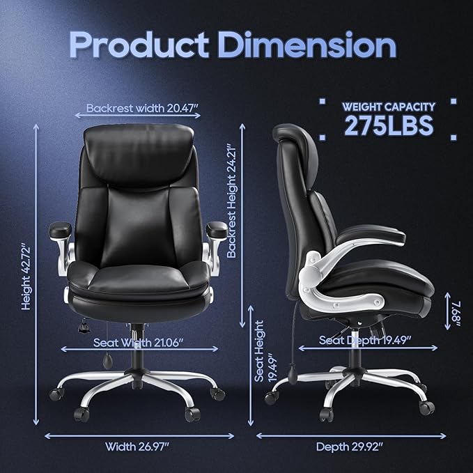 MALOL Office Chair Big and Tall- High Back Executive Office Chair- Ergonomic Home Computer Desk Chair with Padded Flip-up Arms, Adjustable Lumbar Support, Wide & Thick Seat for Adult-Black, Set of 2