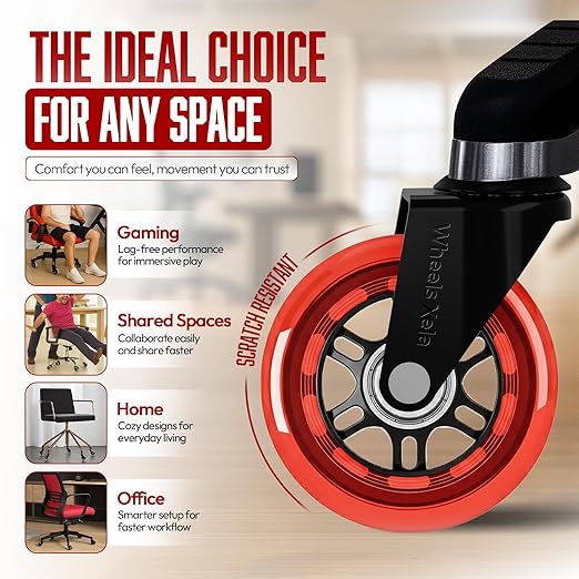 Wheels Xela Red Office Chair Wheels, Set of 5, 3 Inch Heavy-Duty Replacement Rubber Wheels for Desk & Gaming Chair are Easy to Install & Suitable for All Floor Types