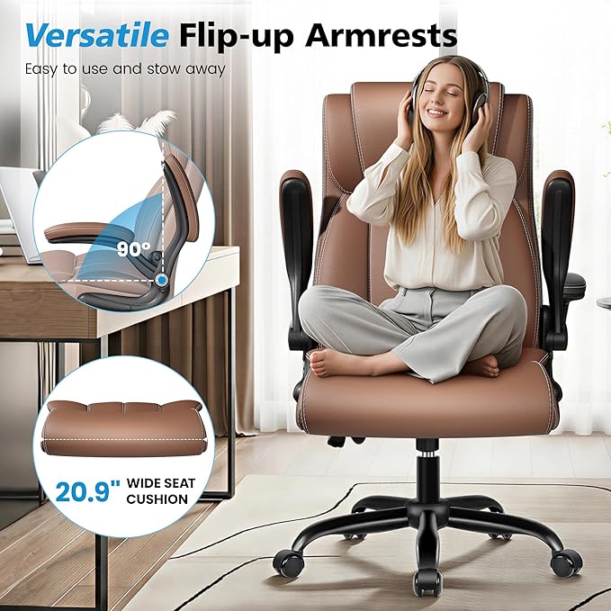 Ergonomic Office Chair – High Back Leather Desk Chair with Adjustable Lumbar Support & Flip-Up Arms, Premium Padded Seat for Home Office Desk, Brown