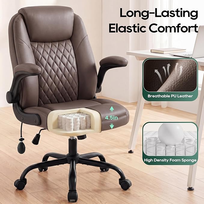 MALOL Leather Office Chair, Home Desk Chair with Adjustable Lumbar Support, Thick Cushion, Flip-Up Arms and Ergonomic Back, Comfy Executive Office Chair for Home Office, Brown