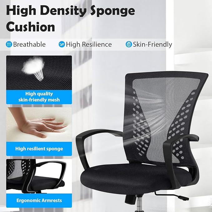 Ergonomic Office Chair with Lumbar Support - Adjustable Mesh Computer Chair for Home Office, Mid Back Swivel Task Chair with Arms, Breathable & Comfortable for Long Hours Work (Black)