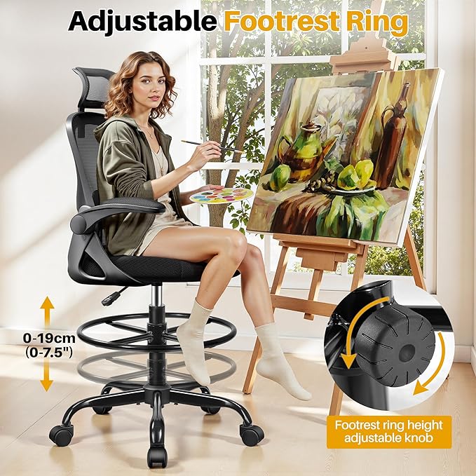 Drafting Chair, Tall Office Chair for Standing Desk, Ergonomic High Back with Headrest, Lumbar Support, Foot Ring and Flip-up Armrests, Black