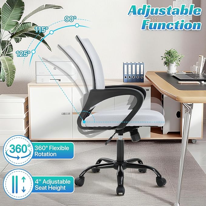 Ergonomic Office Chair Mesh Mid Back with Lumbar Support Armrest, Adjustable Home Desk Chair Comfy Computer Task Drafting Rolling Swivel Chairs for Gaming, Home Work, Study, White