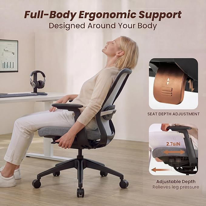 COLAMY Office Chair Set of 2, Easy Wire-Control Desk Chair with Sliding Seat Depth & Thick Padded Lumbar Support, Heavy Duty 300 LBS High Back Mesh Computer Chair for Home Workstation,Grey