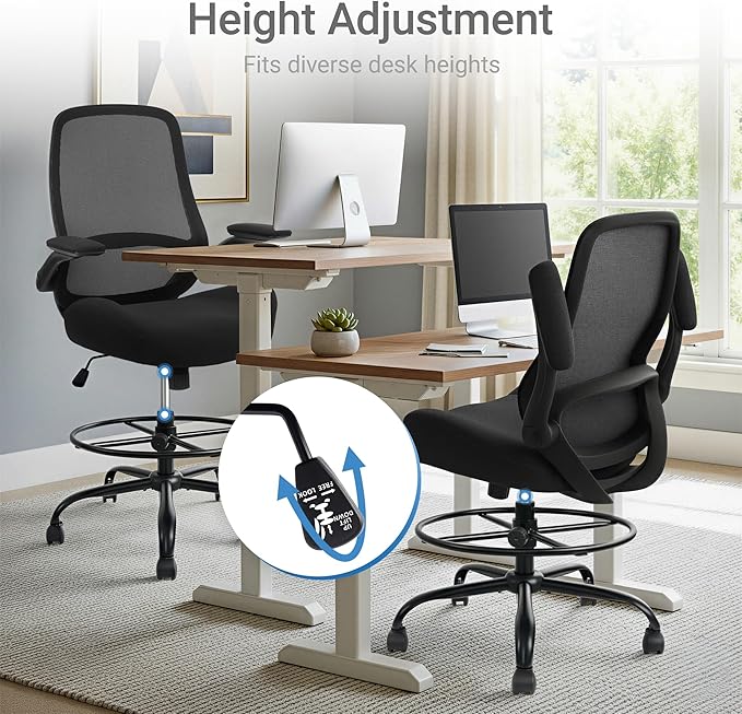HYLONE Drafting Chair Tall Office Chair with Flip-Up and Adjustable Armrests Ergonomic Computer Chair with Adjustable Footrest Ring Mesh Standing Desk Chair (Black)