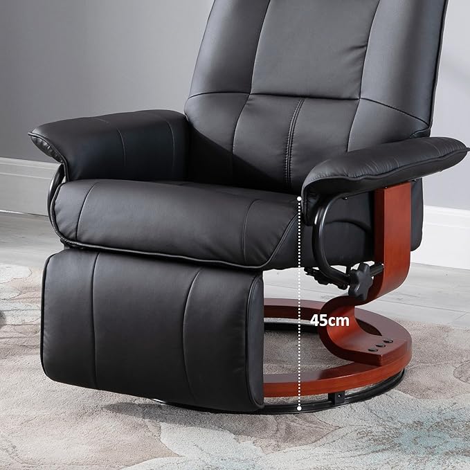 HOMCOM Swivel Recliner Chair, PU Leather Reclining Armchair with Retractable Footrest, Lounge Chair with Wood Base and Adjustable High Back for Small Spaces, Living Room, RV, Bedroom, Black