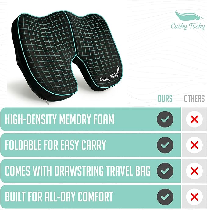 Cushy Tushy Premium Slim Foldable Travel Seat Cushion - for Relief of Lower Back, Sciatic, Butt and Tailbone Pain - for Home & Office Use, Perfect for Travel or Driving - Slim Coccyx Cushion - Black