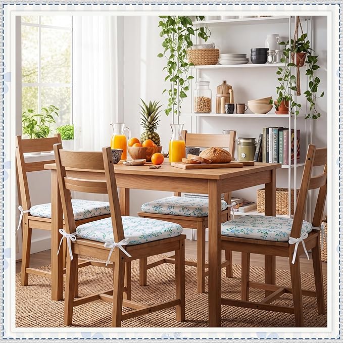 4 Pack Grandmillenial Chair Cushions for Dining Chairs 17" x 16" x 2" D-Shaped Breathable Blue and White Floral Linen Kitchen Chair Pads with Ties Washable Non Slip Seat Cushion