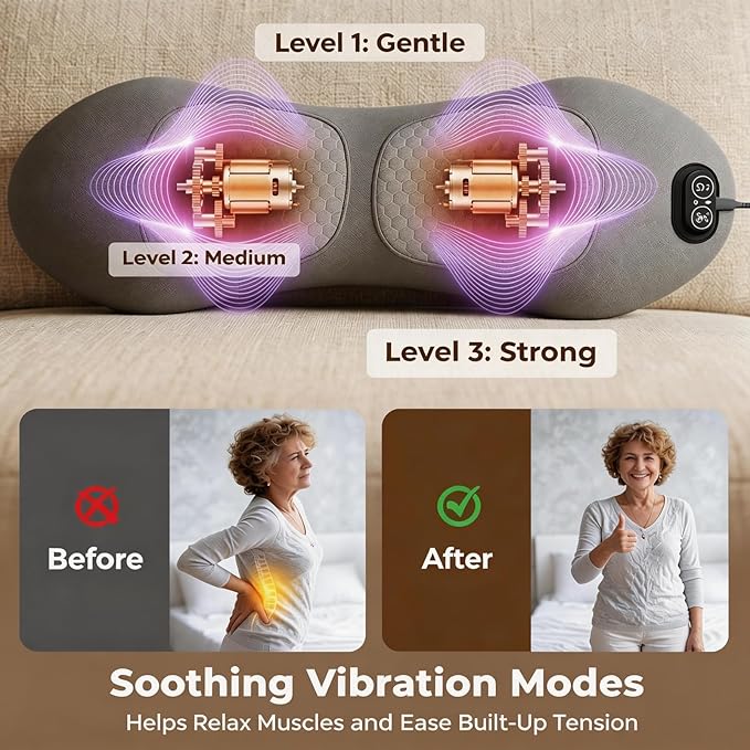 2026 Upgraded 3-in-1 Lumbar Support Pillow with Remote Control, Triple Fusion Back Massager with Heat, Vibration & Stretching, Portable Electric Lumbar Pillow for Home, Office, Travel & Car