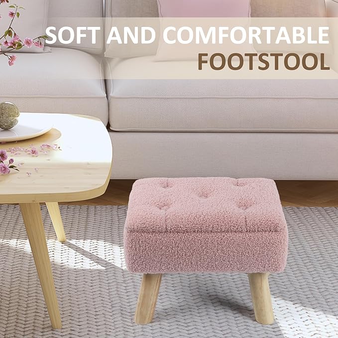 OGEMXU Storage Ottoman, Small Foot Stool Ottoman with Storage, Boucle Teddy Velvet Foot Rest with Padded Seat, Sturdy Wood Legs Stool for Living Room, Bedroom, Couch, Enterway (Pink)