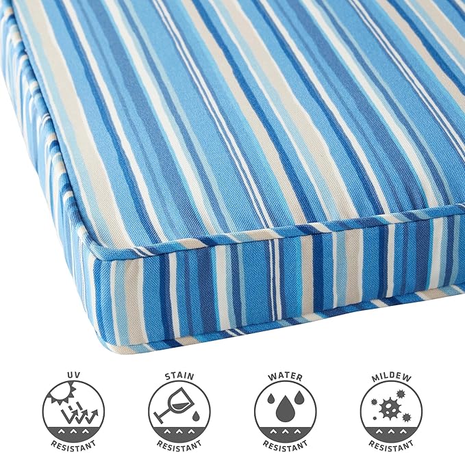 Outdoor 18 inch Square Patio Dining Chair Pads – Comfortable Fiber-Filled Seat Cushions with Ties, Reversible Polyester Fabric - Sapphire Stripe, Set of 4