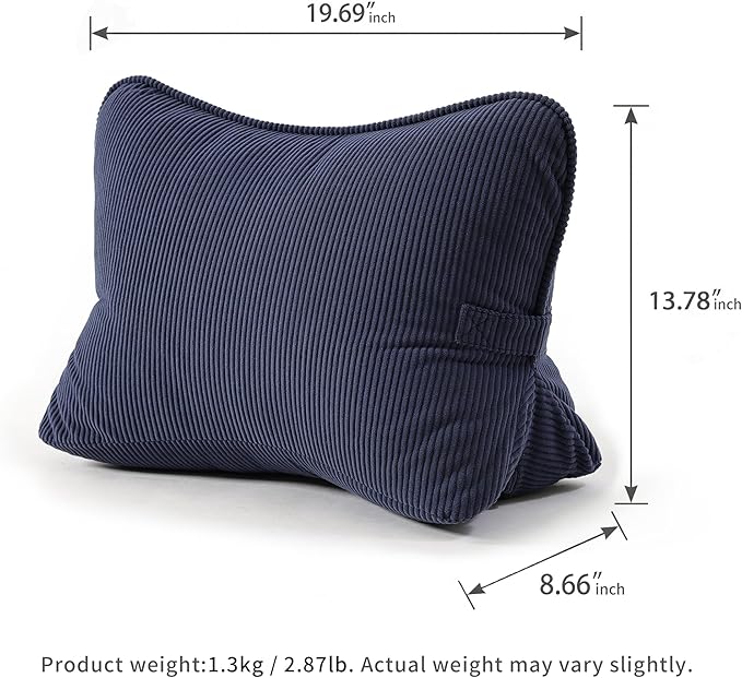Pat. Pend. Corduroy Wedge Back Support Pillow with Lumbar Support, Back Cushion for Sofa or Bed Sitting, Back Pillow for Reading & Relaxing, Navy Blue