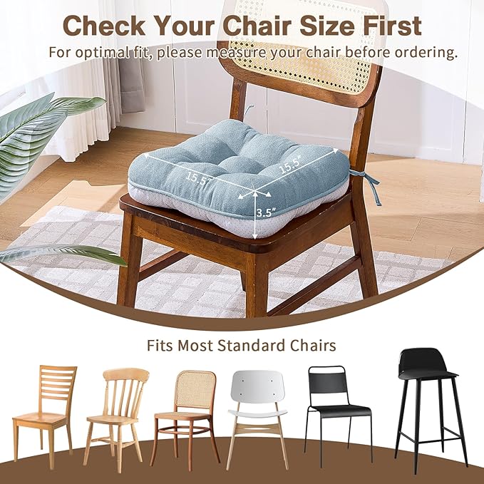 BETU Chair Cushions for Dining Chairs Set of 2,3.5" Thick Kitchen Table Chair Pads with Ties,Non Slip Backing and Covers, Seat Cushion for Dining Room,Bar,Patio Chairs,15.5"X15.5"X3.5",Smoky Blue