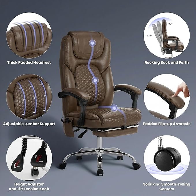 MALOL Massage Office Chair Set of 2 with Heat and Footrest - 3-Level 65°C Targeted Heating, 20-Min Assembly Leather Desk Chair, Big and Tall Executive Computer Chair with Side Pocket, 300 lbs, Brown