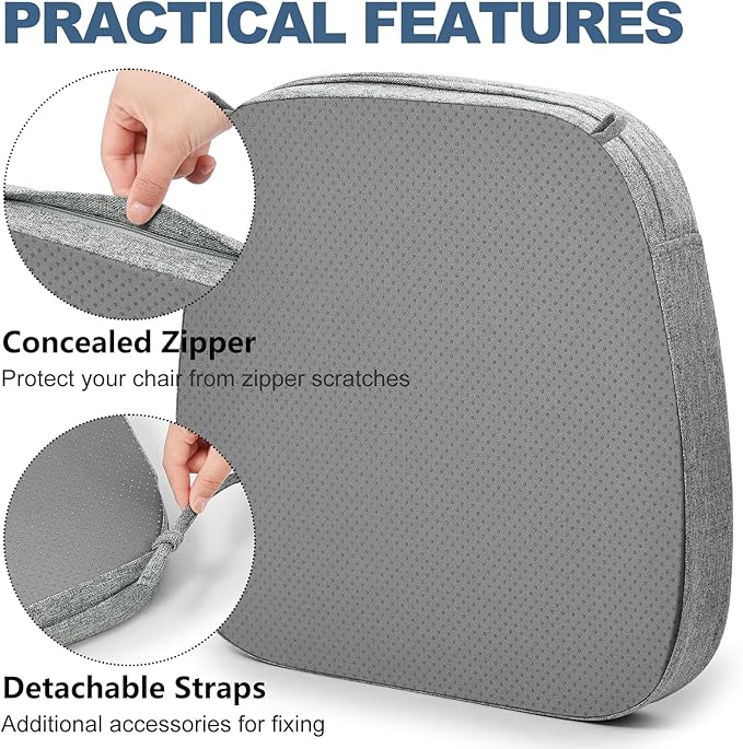 Shinnwa Seat Cushions for Kitchen Chairs Set of 6, Non-Slip Dining Chair Cushions with Detachable Straps and Machine Washable Cover, 6 Pack, 17x16x2in, Grey