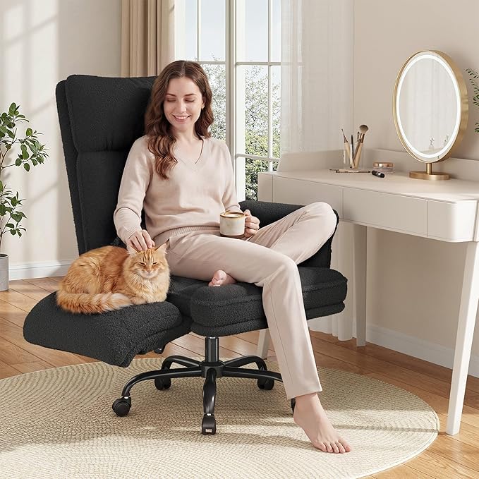 DurayLoly Criss Cross Chair with Wheels and Arms,Teddy Plush Vanity Chair with Side Pockets， Adjustable Home Office Desk Chairs，Computer Chair for Home, Makeup and Office Use,Black