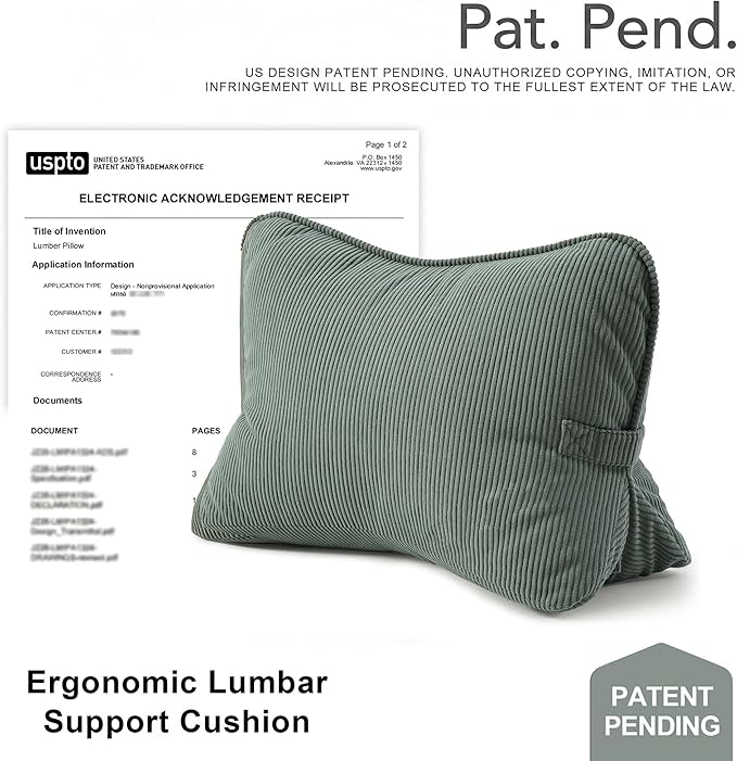 Pat. Pend. Corduroy Lumbar Support Back Pillow for Sitting and Posture Support, Triangle Cushion for Bed or Sofa Sitting, Backrest Support Pillow, Peacock Blue