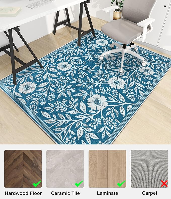 chakme Office Chair Mat for Hardwood Floor, 48"x36" Easy Glide Computer Desk Mat Protector for Rolling Chair Under Desk Rug Nonslip Backing, Machine Wash, (Blue Flowers)