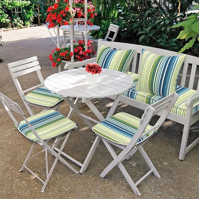 DYTXIII Set of 4 Outdoor Chair Cushions with Ties,Water Repellent Patio Chair Pads 17"x 16" for Outdoor Furniture,Round Corner Seat Cushions for Garden Yard Kitchen Stripe Blue Green