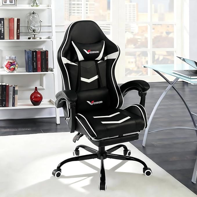 Gaming Chair for Adults, Ergonomic Gamer Chair with Footrest, Spring Pocket Cushion, Computer Office Desk Reclining Chair with Enlarged Metal Base, Linkage Armrests, Lumbar & Headrest (White)