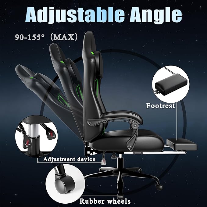 Ergonomic Gaming Chair, Video Game Chair with Pocket Spring Cushion and Footrest, Height Adjustable Computer Chair with Swivel Seat and Headrest (Green)