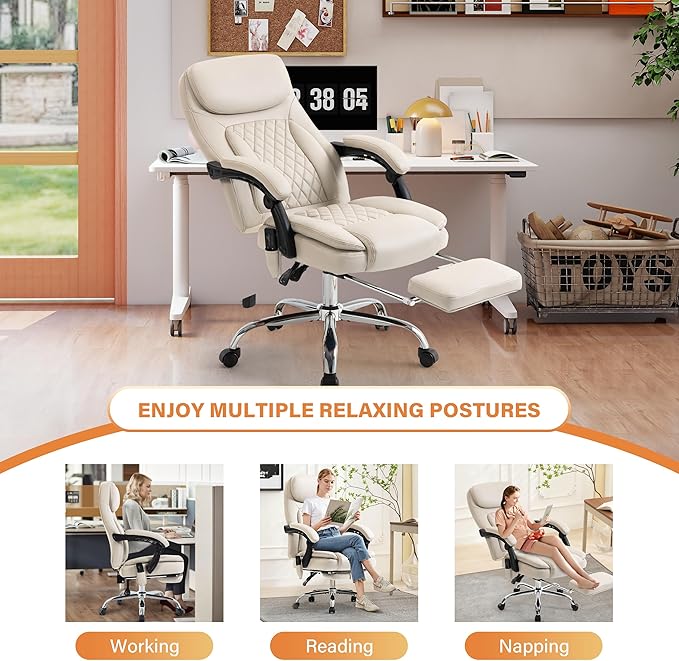 500LBS Massage Office Chair, 6 Points Vibration & Heat Executive Office Chairs, 135°Reclining Comfy Desk Chair with Foot Rest, Wider & Thicker Seat Cushion, PU Leather Big and Tall Gaming Chair, Beige