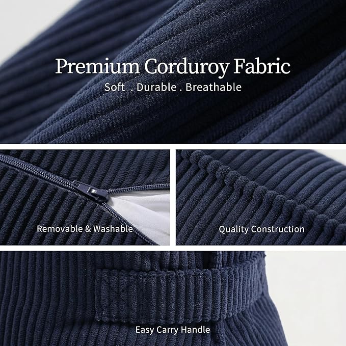 Pat. Pend. Corduroy Wedge Back Support Pillow with Lumbar Support, Back Cushion for Sofa or Bed Sitting, Back Pillow for Reading & Relaxing, Navy Blue