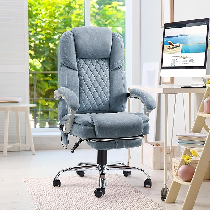 HOMREST 6-Point Massage Office Chair with Reclining Backrest, Heated Executive Office Chair, Velvet Ergonomic Computer Desk Chair with Footrest & Padded Armrest, Airy Blue